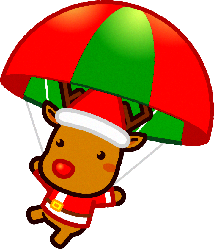 パラシュートで降下する赤鼻のトナカイのイラスト