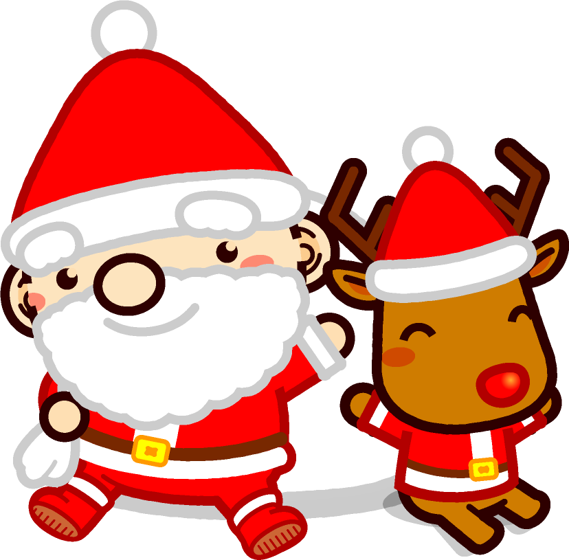 座って手を振るサンタさんとトナカイのイラスト