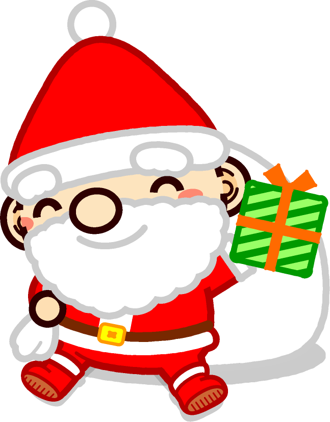 座ってプレゼントを掲げるサンタさんのイラスト