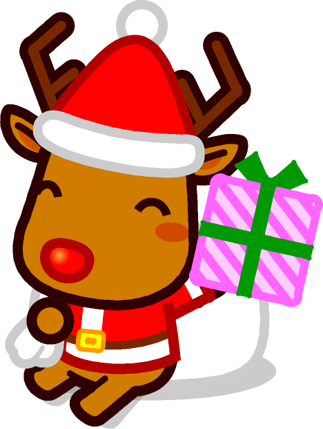 座ってプレゼントを掲げるトナカイのイラスト