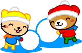 雪だるまを作るクマとトラネコイラスト
