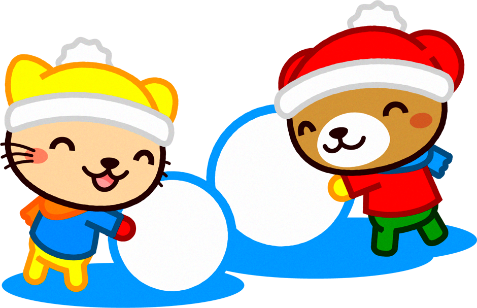 雪だるまを作るクマとトラネコイラスト