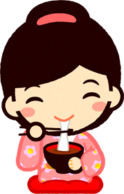 着物姿でおしるこを食べるイラスト/女の子