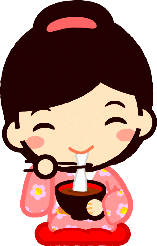 着物姿でおしるこを食べるイラスト/女の子