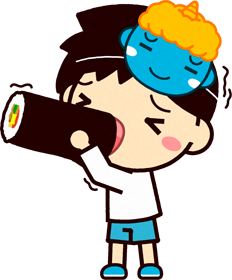 恵方巻きが大き過ぎて食べるのが大変な男の子のイラスト