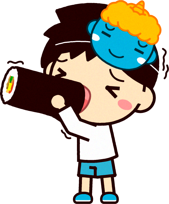 恵方巻きが大き過ぎて食べるのが大変な男の子のイラスト