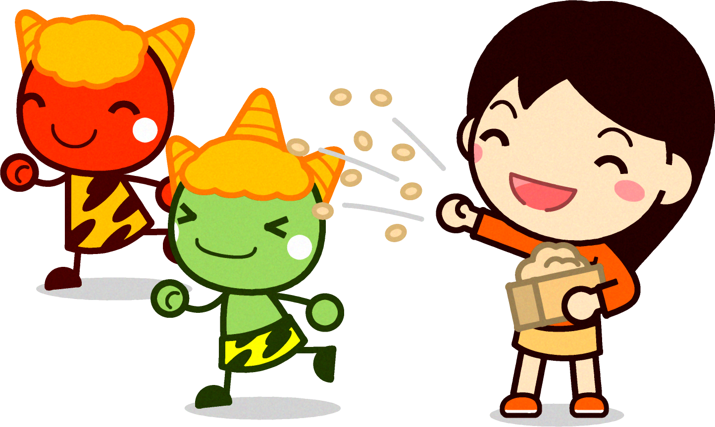 鬼は外♪鬼に豆を投げる女の子のイラスト