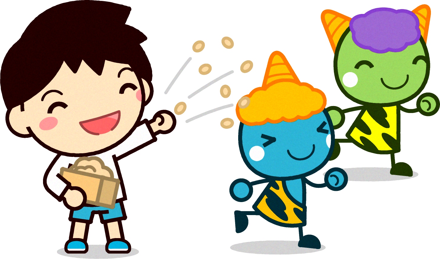 鬼は外♪鬼に豆を投げる男の子のイラスト