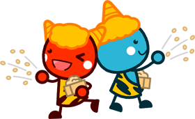 豆まきをする赤鬼と青鬼のイラスト