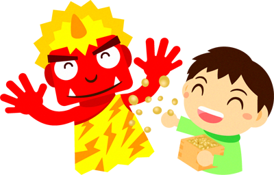 赤鬼と豆まきをする男の子イラスト