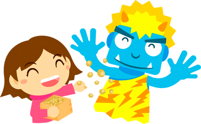 青鬼と豆まきをする女の子イラスト
