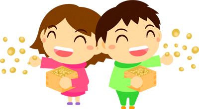 節分の日に豆まきをする子供たちのイラスト