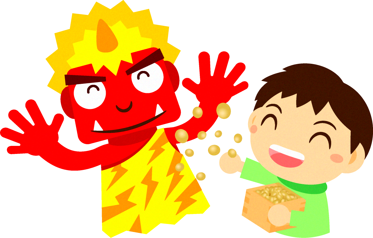 赤鬼と豆まきをする男の子イラスト