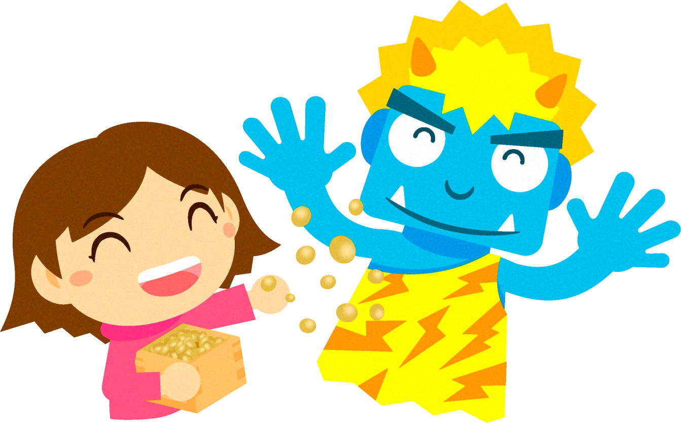 青鬼と豆まきをする女の子イラスト