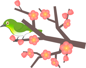 梅の木にとまるメジロのイラスト