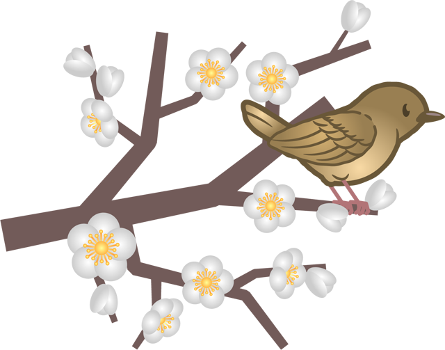 梅の木にとまるウグイスのイラスト