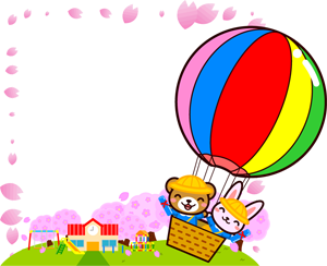 卒園フレームのイラスト/気球に乗ったクマとウサギの旅立ち