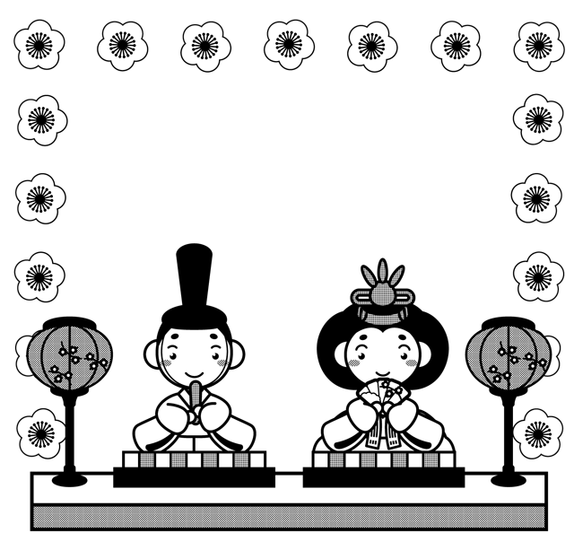 ひな祭りフレームのイラスト/梅ライン/モノクロ