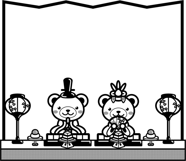 クマのひな祭りフレームのイラスト/梅ライン/モノクロ