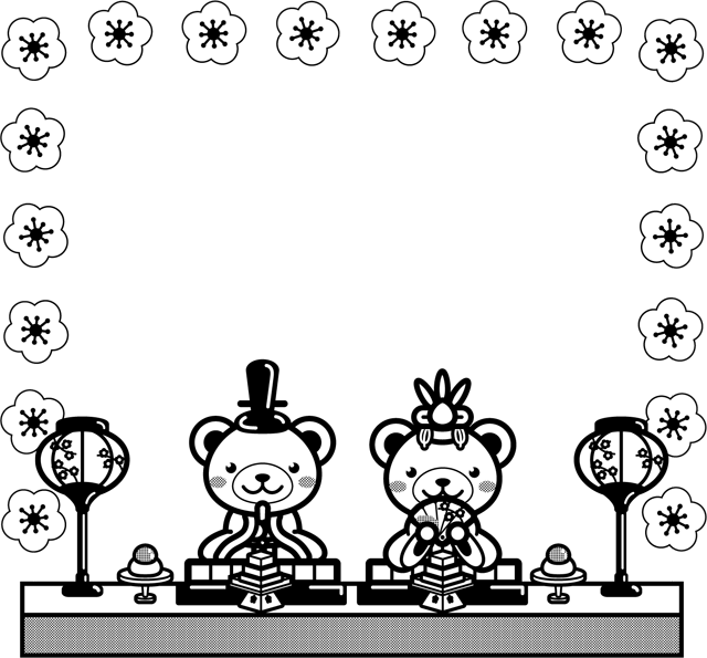クマのひな祭りフレームのイラスト/梅ライン/モノクロ