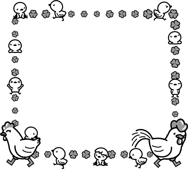 鶏とヒヨコのお散歩フレームのイラスト/モノクロ