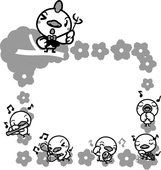 鶏とヒヨコの演奏会フレームのイラスト/モノクロ