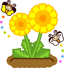 タンポポの周りを飛ぶチョウチョのイラスト