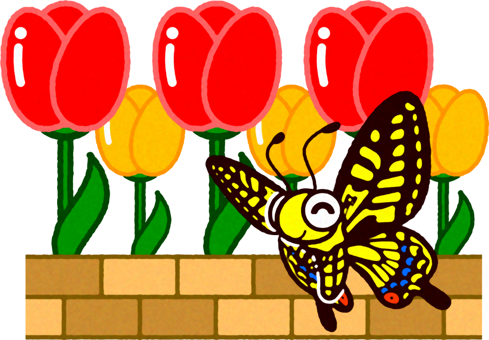 チューリップとアゲハチョウのイラスト