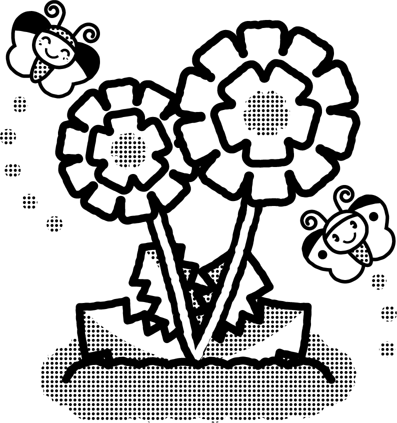 タンポポの周りを飛ぶチョウチョのイラスト/モノクロ