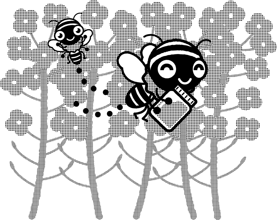 菜の花とミツバチのイラスト/モノクロ