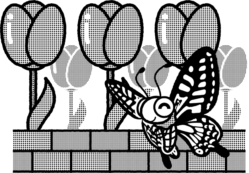 チューリップとアゲハチョウのイラスト/モノクロ