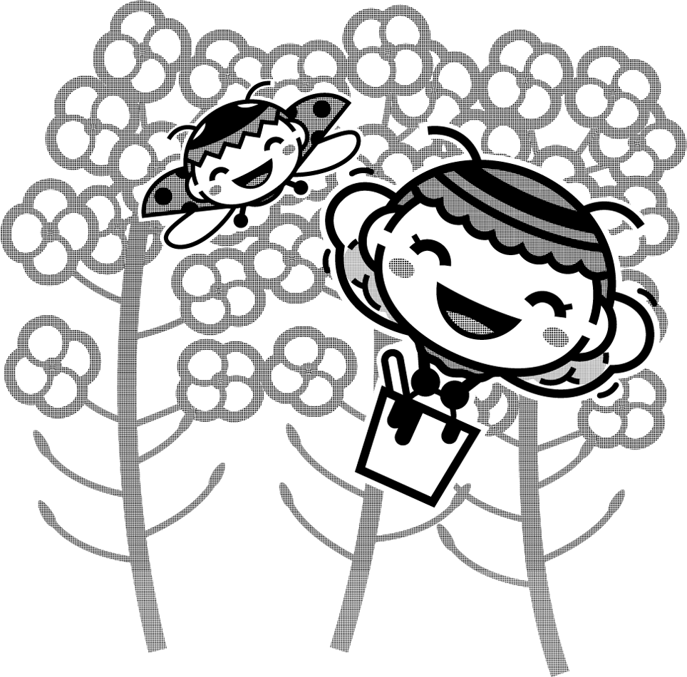 菜の花とかわいい虫のイラスト/モノクロ