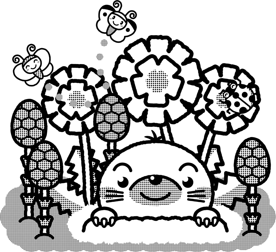 春、地面に顔を出したモグラのイラスト/モノクロ