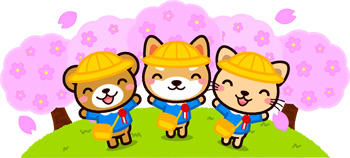 桜と動物のイラスト/クマとシバイヌとネコ