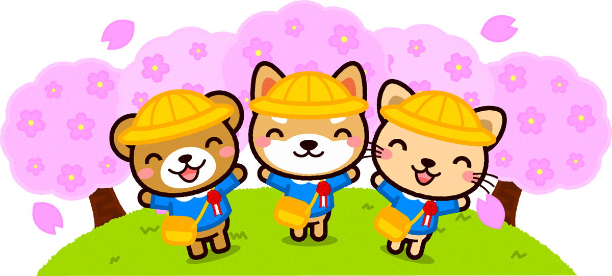 桜と動物のイラスト/クマとシバイヌとネコ