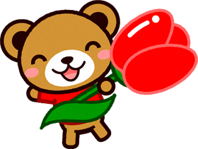 赤いチューリップを持つクマのイラスト