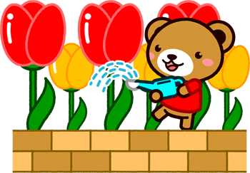 チューリップに水をやるクマのイラスト