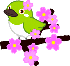 桜の枝にとまるメジロのイラスト