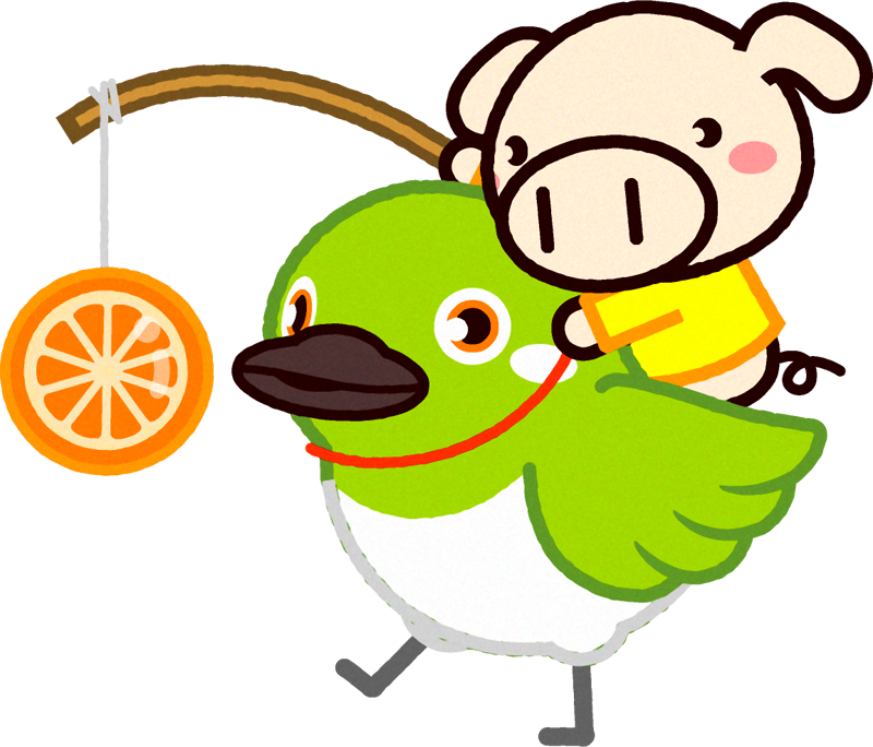 ミカンを使ってメジロを操るブタのイラスト