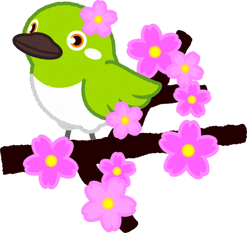 桜の枝にとまるメジロのイラスト