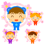 着ぐるみを着た子供と桜イラスト