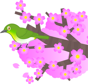 桜の枝にとまったメジロのイラスト