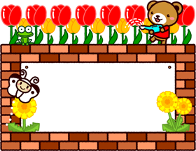 チューリップに水をやるクマのフレームイラスト