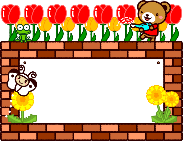 チューリップに水をやるクマのフレームイラスト