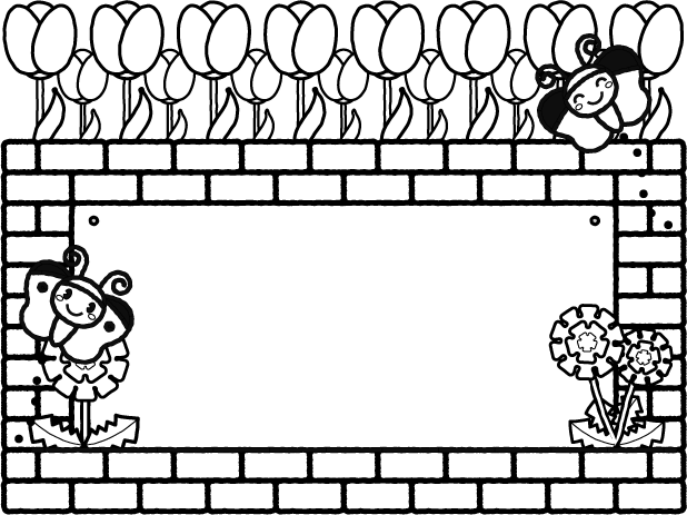 チューリップと蝶のフレームイラスト/モノクロ