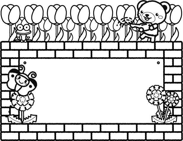 チューリップに水をやるクマのフレームイラスト/モノクロ