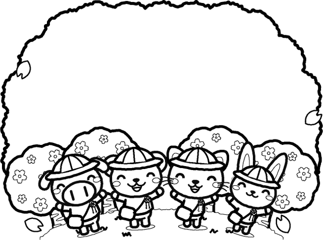 桜と入園式の動物たちのフレームイラスト/モノクロ