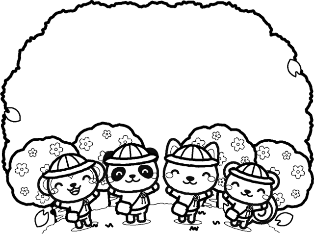 桜と入園式の動物たちのフレームイラスト2/モノクロ