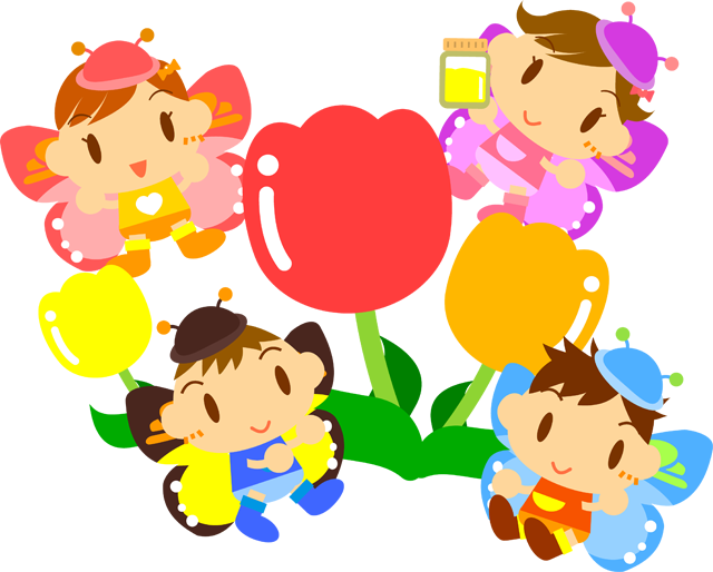 チューリップとチョウチョ姿の子供たちイラスト