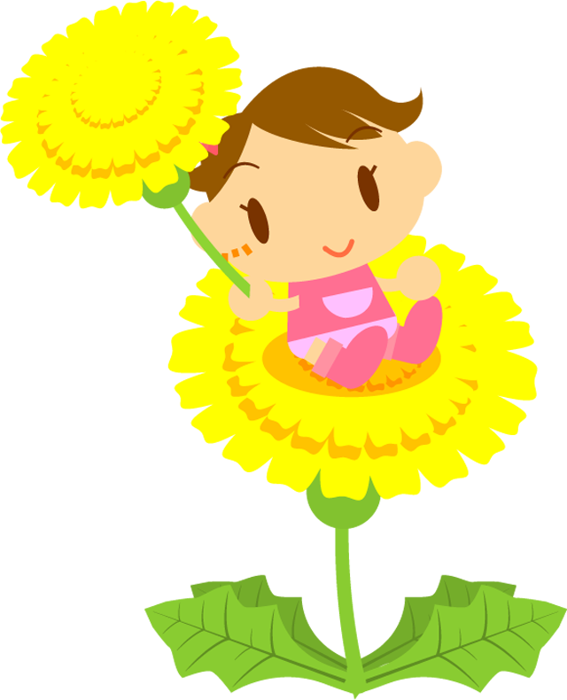 タンポポの上に座る女の子イラスト